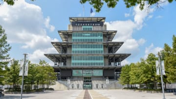 INDIANAPOLIS, IN - AUGUST 19: The brickyard path runs through the Pagoda to create the start-finish line on the Indianapolis Motor Speedway track on the opposite side and is the site of round 4 play of the Indy Women in Tech Championship on August 19, 2018 at Brickyard Crossing Golf Club, Indianapolis, Indiana. (Photo by Ken Murray/Icon Sportswire via Getty Images)