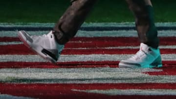 MINNEAPOLIS, MN - FEBRUARY 04: A detailed view of the Air Jordan 3 'JTH' shoes of Justin Timberlake as he performs during the Pepsi Super Bowl LII Halftime Show at U.S. Bank Stadium on February 4, 2018 in Minneapolis, Minnesota. (Photo by Streeter Lecka/Getty Images)
