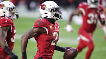GLENDALE, ARIZONA - NOVEMBER 15: Cornerback Patrick Peterson #21 of the Arizona Cardinals reacts after making an interception during the second half against the Buffalo Bills at State Farm Stadium on November 15, 2020 in Glendale, Arizona. (Photo by Christian Petersen/Getty Images)