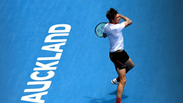 AUCKLAND, NEW ZEALAND - JANUARY 09: Alexander Bublik of Kazakhstan plays a forehand during his first round singles match against David Goffin of Belgium during day one of the 2023 ASB Classic Men's at the ASB Tennis Arena on January 09, 2023 in Auckland, New Zealand. (Photo by Hannah Peters/Getty Images)