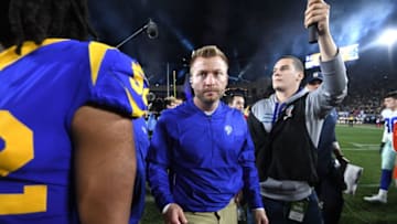 LOS ANGELES, CA - JANUARY 12: Head coach Sean McVay of the Los Angeles Rams walks off the field after defeating the Dallas Cowboys in the NFC Divisional Playoff game at Los Angeles Memorial Coliseum on January 12, 2019 in Los Angeles, California. The Rams defeated the Cowboys 30-22. (Photo by Harry How/Getty Images)