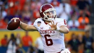Dec 31, 2015; Miami Gardens, FL, USA; Oklahoma Sooners quarterback Baker Mayfield (6) throws against the Clemson Tigers during the first half of the 2015 CFP semifinal at the Orange Bowl at Sun Life Stadium. Mandatory Credit: Steve Mitchell-USA TODAY Sports