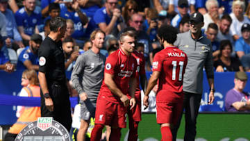 LEICESTER, ENGLAND - SEPTEMBER 01: Mohamed Salah is substituted for Xherdan Shaqiri of Liverpool during the Premier League match between Leicester City and Liverpool FC at The King Power Stadium on September 1, 2018 in Leicester, United Kingdom. (Photo by Shaun Botterill/Getty Images)