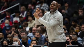 WASHINGTON, DC - MARCH 04: Head coach Nate McMillan of the Atlanta Hawks reacts to a play against the Washington Wizards during the second half at Capital One Arena on March 4, 2022 in Washington, DC. NOTE TO USER: User expressly acknowledges and agrees that, by downloading and or using this photograph, User is consenting to the terms and conditions of the Getty Images License Agreement. (Photo by Scott Taetsch/Getty Images)