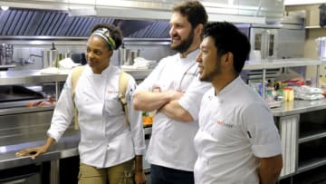 TOP CHEF -- "Shellfishly Delicious" Episode 1813 -- Pictured: (l-r) Dawn Burrell, Gabe Erales, Shota Nakajima -- (Photo by: David Moir/Bravo)