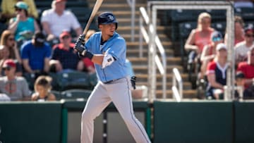 FORT MYERS, FL- FEBRUARY 25: Willy Adames #1 of the Tampa Bay Rays bats during a spring training game against the Minnesota Twins on February 25, 2018 at the Hammond Stadium in Fort Myers, Florida. (Photo by Brace Hemmelgarn/Minnesota Twins/Getty Images) *** Local Caption *** Willy Adames
