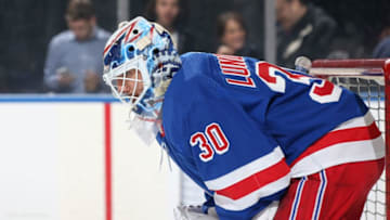 NEW YORK, NY - APRIL 03: Henrik Lundqvist #30 of the New York Rangers looks on during warmups before the game against the Ottawa Senators at Madison Square Garden on April 3, 2019 in New York City. (Photo by Jared Silber/NHLI via Getty Images)