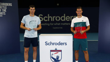 LONDON, ENGLAND - JUNE 27: Jamie Murray and Neal Skupski pose with their trophies following their victory in the doubles final on day 5 of Schroders Battle of the Brits at the National Tennis Centre on June 27, 2020 in London, England. (Photo by Clive Brunskill/Getty Images for Battle Of The Brits)