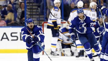 Dec 22, 2016; Tampa, FL, USA; Tampa Bay Lightning left wing Alex Killorn (17) celebrates after he scores a goal against the St. Louis Blues during the third period at Amalie Arena. Tampa Bay Lightning defeated the St. Louis Blues 5-2. Mandatory Credit: Kim Klement-USA TODAY Sports
