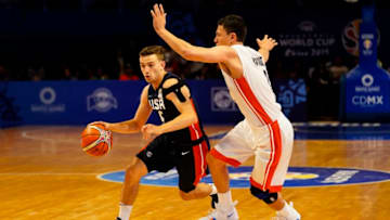 MEXICO CITY, MEXICO - JUNE 28: David Stockton of USA competes against Francisco Cruz of Mexico during the match between Mexico and USA as part of the FIBA World Cup China 2019 Qualifiers at Gimnasio Juan de la Barrera on June 28, 2018 in Mexico City, Mexico. (Photo by Luis Licona/Getty Images)