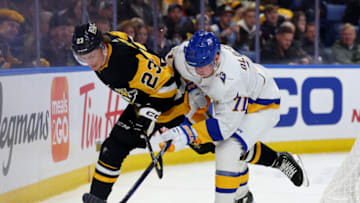 Dec 9, 2022; Buffalo, New York, USA; Pittsburgh Penguins left wing Brock McGinn (23) and Buffalo Sabres left wing Victor Olofsson (71) go after a loose puck during the second period at KeyBank Center. Mandatory Credit: Timothy T. Ludwig-USA TODAY Sports