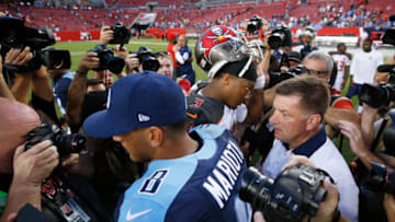 TAMPA, FL - SEPTEMBER 13: Jameis Winston #3 of the Tampa Bay Buccaneers and Marcus Mariota #8 of the Tennessee Titans meet after the game at Raymond James Stadium on September 13, 2015 in Tampa, Florida. The Titans defeated the Bucs 42-14. (Photo by Joe Robbins/Getty Images)