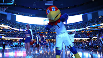 NEW ORLEANS, LOUISIANA - APRIL 04: The Kansas Jayhawks mascot is seen during player introductions prior to playing the North Carolina Tar Heels during the 2022 NCAA Men's Basketball Tournament National Championship at Caesars Superdome on April 04, 2022 in New Orleans, Louisiana. (Photo by Jamie Squire/Getty Images)