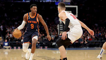 Feb 2, 2023; New York, New York, USA; New York Knicks guard RJ Barrett (9) brings the ball up court against Miami Heat guard Tyler Herro (14) during the third quarter at Madison Square Garden. Mandatory Credit: Brad Penner-USA TODAY Sports