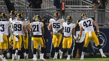Nov 21, 2020; University Park, Pennsylvania, USA; Iowa Hawkeyes running back Mekhi Sargent (10) celebrates hs touchdown with teammates against the Penn State Nittany Lions during the second quarter at Beaver Stadium. Mandatory Credit: Rich Barnes-USA TODAY Sports