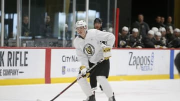 LAS VEGAS, NV - JUNE 29: Vegas Golden Knights Kaedan Korczak (20) controls the puck during a scrimmage game at the Vegas Golden Knights Development Camp Saturday, June 29, 2019, at City National Arena in Las Vegas, NV. (Photo by Marc Sanchez/Icon Sportswire via Getty Images)