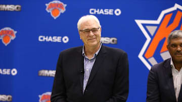 GREENSBURGH, NY - JULY 08: New York Knicks President Phil Jackson during a press conference introducing the Knicks new free agent signings at the Madison Square Garden Training Facility on July 8, 2016 in Greenburgh, New York. NOTE TO USER: User expressly acknowledges and agrees that, by downloading and or using this photograph, User is consenting to the terms and conditions of the Getty Images License Agreement. Mandatory Copyright Notice: Copyright 2016 NBAE (Photo by Nathaniel S. Butler/NBAE via Getty Images)