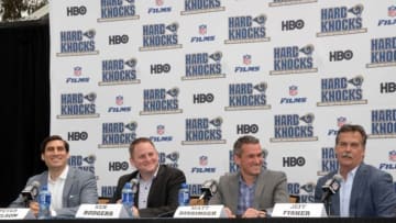 May 12, 2016; Oxnard, CA, USA; HBO Sports executive vice president Peter Nelson (left), Hard Knocks coordinating producer Ken Rodgers (second from left), Hard Knocks director Matt Dissinger and Los Angeles Rams coach Jeff Fisher at press conference at the Residence Inn Oxnard River Ridge. Mandatory Credit: Kirby Lee-USA TODAY Sports