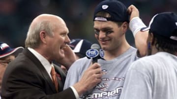 Terry Bradshaw interviews Patriots Quarterback Tom Brady on Super Bowl XXXVI at the Louisiana Superdome in New Orleans, LA., 2/3/02. Photo by Frank Micelotta/ImageDirect.