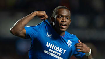 GLASGOW, SCOTLAND - AUGUST 22: Rabbi Matondo of Glasgow Rangers celebrates scoring the second goal during the UEFA Champions League Qualifying Play-Off, First Leg match between Glasgow Rangers and PSV Eindhoven at Ibrox Stadium on August 22, 2023 in Glasgow, Scotland. (Photo by Visionhaus/Getty Images)