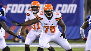 EAST RUTHERFORD, NJ - AUGUST 9, 2018: Offensive tackle Greg Robinson #78 of the Cleveland Browns prepares to engage a defender in the fourth quarter of a preseason game against the New York Giants at MetLife Stadium in East Rutherford, New Jersey. Cleveland won 20-10. (Photo by: 2018 Nick Cammett/Diamond Images/Getty Images)