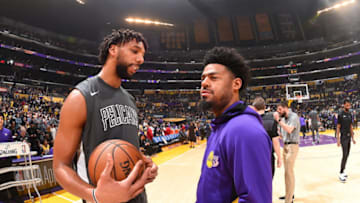 LOS ANGELES, CA - JANUARY 3: Jahlil Okafor #8 of the New Orleans Pelicans and Quinn Cook #2 of the Los Angeles Lakers talk prior to a game on January 3, 2020 at STAPLES Center in Los Angeles, California. NOTE TO USER: User expressly acknowledges and agrees that, by downloading and/or using this Photograph, user is consenting to the terms and conditions of the Getty Images License Agreement. Mandatory Copyright Notice: Copyright 2020 NBAE (Photo by Andrew D. Bernstein/NBAE via Getty Images)