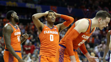 CHARLOTTE, NORTH CAROLINA - MARCH 13: Clyde Trapp #0 of the Clemson Tigers reacts after a play against the NC State WOlfpack during their game in the second round of the 2019 Men's ACC Basketball Tournament at Spectrum Center on March 13, 2019 in Charlotte, North Carolina. (Photo by Streeter Lecka/Getty Images)