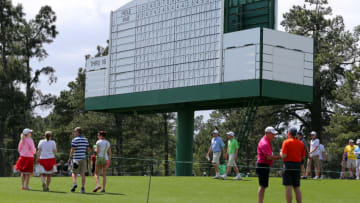 06 APR 2015: The 17th green leaderboard as seen during the practice round for the 2015 Masters Tournament at the Augusta National Golf Club in Augusta, Georgia. (Photo by Cliff Welch/Icon Sportswire/Corbis via Getty Images)