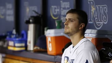 Jun 14, 2016; St. Petersburg, FL, USA; Tampa Bay Rays starting pitcher Jake Odorizzi (23) looks on from the dugout during the fifth inning against the Seattle Mariners at Tropicana Field. Mandatory Credit: Kim Klement-USA TODAY Sports