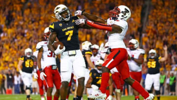 Sep 10, 2016; Tempe, AZ, USA; Arizona State Sun Devils running back Kalen Ballage (left) scores a touchdown as he stiff arms Texas Tech Red Raiders defensive back Jah