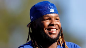 Mar 17, 2022; Dunedin, FL, USA; Toronto Blue Jays first baseman Vladimir Guerrero Jr. (27) looks on during workouts at Toronto Blue Jays Player Development Complex. Mandatory Credit: Nathan Ray Seebeck-USA TODAY Sports