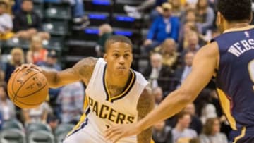 Oct 3, 2015; Indianapolis, IN, USA; Indiana Pacers guard Joseph Young (1) dribbles the ball in the second half of the game against the New Orleans Pelicans at Bankers Life Fieldhouse. The Pelicans beat the Pacers, 110-105. Mandatory Credit: Trevor Ruszkowski-USA TODAY Sports