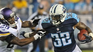 Sep 3, 2015; Nashville, TN, USA; Tennessee Titans defensive back Brandon Harris (32) rushes against Minnesota Vikings cornerback Jabari Price (25) during the second half at Nissan Stadium. Titans won 24-17. Mandatory Credit: Jim Brown-USA TODAY Sports