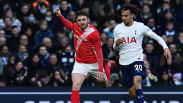 Tottenham Hotspur's English midfielder Dele Alli (R) vies with Morecambe's English defender Ryan Cooney during the FA Cup third round football match between Tottenham Hotspur and Morecambe at the Tottenham Hotspur Stadium in London, on January 9, 2022. - - RESTRICTED TO EDITORIAL USE. No use with unauthorized audio, video, data, fixture lists, club/league logos or 'live' services. Online in-match use limited to 120 images. An additional 40 images may be used in extra time. No video emulation. Social media in-match use limited to 120 images. An additional 40 images may be used in extra time. No use in betting publications, games or single club/league/player publications. (Photo by Ben STANSALL / AFP) / RESTRICTED TO EDITORIAL USE. No use with unauthorized audio, video, data, fixture lists, club/league logos or 'live' services. Online in-match use limited to 120 images. An additional 40 images may be used in extra time. No video emulation. Social media in-match use limited to 120 images. An additional 40 images may be used in extra time. No use in betting publications, games or single club/league/player publications. / RESTRICTED TO EDITORIAL USE. No use with unauthorized audio, video, data, fixture lists, club/league logos or 'live' services. Online in-match use limited to 120 images. An additional 40 images may be used in extra time. No video emulation. Social media in-match use limited to 120 images. An additional 40 images may be used in extra time. No use in betting publications, games or single club/league/player publications. (Photo by BEN STANSALL/AFP via Getty Images)
