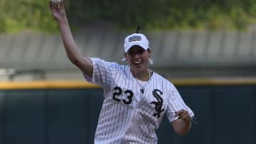 CHICAGO, IL - JULY 13: Notre Dame basketball player Jessica Shepard throws a ceremonial first pitch before the game between the Chicago White Sox and the Kansas City Royals on July 13, 2018 at Guaranteed Rate Field in Chicago, Illinois. (Photo by David Banks/Getty Images)