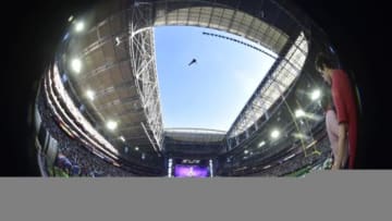 Feb 1, 2015; Glendale, AZ, USA; General view through a fisheye lens of the stadium prior to the game between the Seattle Seahawks and the New England Patriots in Super Bowl XLIX at University of Phoenix Stadium. Mandatory Credit: Matt Kartozian-USA TODAY Sports