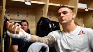 CALGARY, AB - JULY 28: Dustin Poirier has his hands wrapped prior to his bout against Eddie Alvarez during the UFC Fight Night event at Scotiabank Saddledome on July 28, 2018 in Calgary, Alberta, Canada. (Photo by Mike Roach/Zuffa LLC/Zuffa LLC via Getty Images)