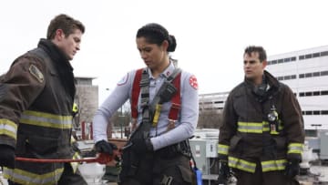 CHICAGO FIRE -- "Something for the Pain" Episode 1110 -- Pictured: (l-r) Jake Lockett as Carver, Miranda Rae Mayo as Stella Kidd, Alberto Rosende as Gallo -- (Photo by: Adrian S Burrows Sr/NBC)