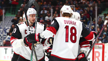 VANCOUVER, BC - JANUARY 16: The Arizona Coyotoes celebrate a goal by Arizona Coyotes Center Christian Dvorak (18) against the Vancouver Canucks during their NHL game at Rogers Arena on January 16, 2020 in Vancouver, British Columbia, Canada.(Photo by Devin Manky/Icon Sportswire via Getty Images)