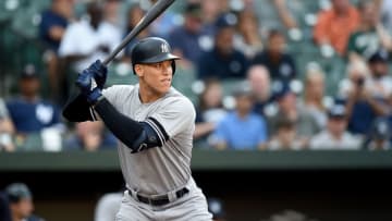 BALTIMORE, MD - AUGUST 07: Aaron Judge #99 of the New York Yankees bats against the Baltimore Orioles at Oriole Park at Camden Yards on August 7, 2019 in Baltimore, Maryland. (Photo by G Fiume/Getty Images)