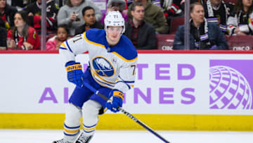 Nov 19, 2023; Chicago, Illinois, USA; Buffalo Sabres left wing Victor Olofsson (71) skates with the puck against the Chicago Blackhawks during the first period at the United Center. Mandatory Credit: Daniel Bartel-USA TODAY Sports