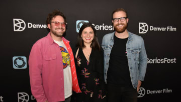 MORRISON, COLORADO - JUNE 24: (L-R) James Belfer Co-Founder and CEO Cartuna, Laura Schwartz SR Director of Development New Form and Caleb Wardon Late Night Program Manager on the red carpet during SeriesFest Season 5 at Red Rocks on June 24, 2019 in Morrison, Colorado. (Photo by Tom Cooper/Getty Images for SeriesFest)