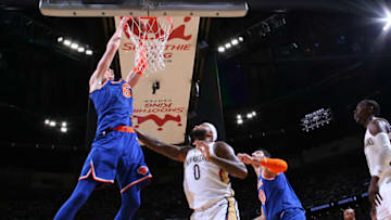 NEW ORLEANS, LA - DECEMBER 30: Kristaps Porzingis #6 of the New York Knicks goes to the basket against the New Orleans Pelicans on December 30, 2017 at the Smoothie King Center in New Orleans, Louisiana. Copyright 2017 NBAE (Photo by Layne Murdoch/NBAE via Getty Images)