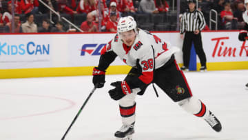 DETROIT, MICHIGAN - JANUARY 10: Rudolfs Balcers #38 of the Ottawa Senators skates against the Detroit Red Wings at Little Caesars Arena on January 10, 2020 in Detroit, Michigan. (Photo by Gregory Shamus/Getty Images)