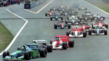 17 APR 1994: MICHAEL SCHUMACHER OF GERMANY IN HIS BENETTON LEADS AYRTON SENNA, WILLIAMS, AND Mika Hakkinen, MCLAREN INTO THE FIRST BEND OF THE PACIFIC GP. Mandatory Credit: Pascal Rondeau/ALLSPORT
