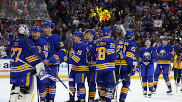 Apr 8, 2023; Buffalo, New York, USA; The Buffalo Sabres celebrate a win over the Carolina Hurricanes at KeyBank Center. Mandatory Credit: Timothy T. Ludwig-USA TODAY Sports