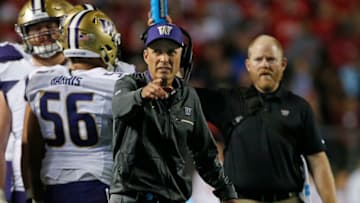 PISCATAWAY, NJ - SEPTEMBER 01: Head coach Chris Petersen of the Washington Huskies looks on during a game against the Rutgers Scarlet Knights on September 1, 2017 in Piscataway, New Jersey. Washington defeated Rutgers 20-14. (Photo by Rich Schultz/Getty Images)