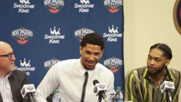 METAIRIE, LA - JULY 16: Josh Hart #3 of the New Orleans Pelicans speaks at an introductory press conference on July 16, 2019 at Ochsner Sports Performance Center in Metairie, Louisiana. NOTE TO USER: User expressly acknowledges and agrees that, by downloading and or using this Photograph, user is consenting to the terms and conditions of the Getty Images License Agreement. Mandatory Copyright Notice: Copyright 2019 NBAE (Photo by Layne Murdoch Jr./NBAE via Getty Images