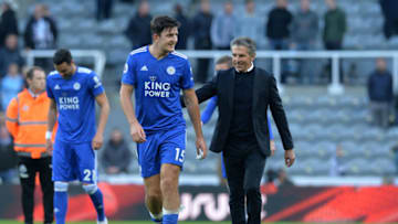 NEWCASTLE UPON TYNE, ENGLAND - SEPTEMBER 29: Harry Maguire and Claude Puel of Leicester City celebrate following the Premier League match between Newcastle United and Leicester City at St. James Park on September 29, 2018 in Newcastle upon Tyne, United Kingdom. (Photo by Mark Runnacles/Getty Images)