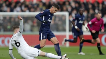SWANSEA, WALES - MARCH 17: Erik Lamela of Tottenham Hotspur is tackled by Alfie Mawson of Swansea City during The Emirates FA Cup Quarter Final match between Swansea City and Tottenham Hotspur at Liberty Stadium on March 17, 2018 in Swansea, Wales. (Photo by Richard Heathcote/Getty Images)